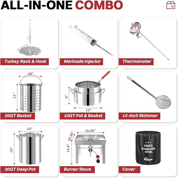 30QT Turkey Fryer Kit | Stainless Steel | Cover | Skimmer | 50,000BTU Burner | Outdoor Deep Fryers with Basket | Seafood Boil Pot | Crab Shirmp & Crawfish Boiler