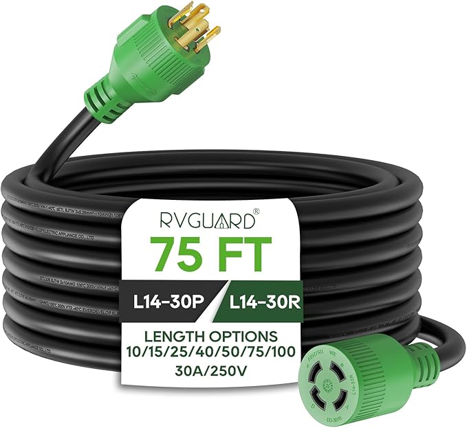 RVGUARD 4 Prong 30 Amp 75 Foot Generator Extension Cord, NEMA L14-30P/L14-30R, 125/250V Up to 7500W 10 Gauge SJTW Generator Cord with Cord Organizer, ETL Listed