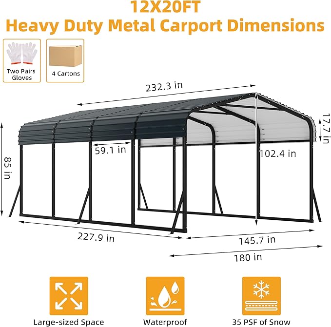 12' x 20' Heavy Duty with Galvanized Steel Roof, Tall Kits Garage for Tractors, Trucks, Boats, Cars, Heavy Duty Roof with Enhanced Base
