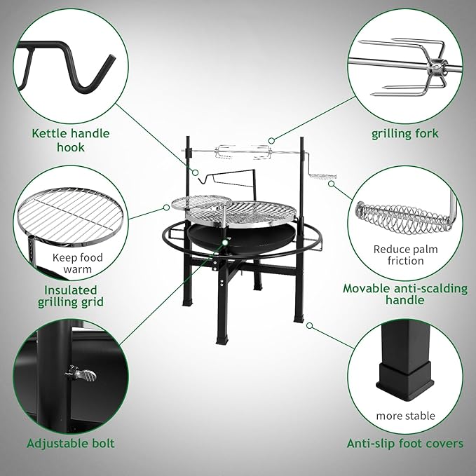 VINGLI 33 Inch Outdoor Fire Pit with 2 Grills, Wood Burning Firepit with Swivel Cooking Grate, Removable Swivel Grill for Backyard Patio Outside Picnic BBQ