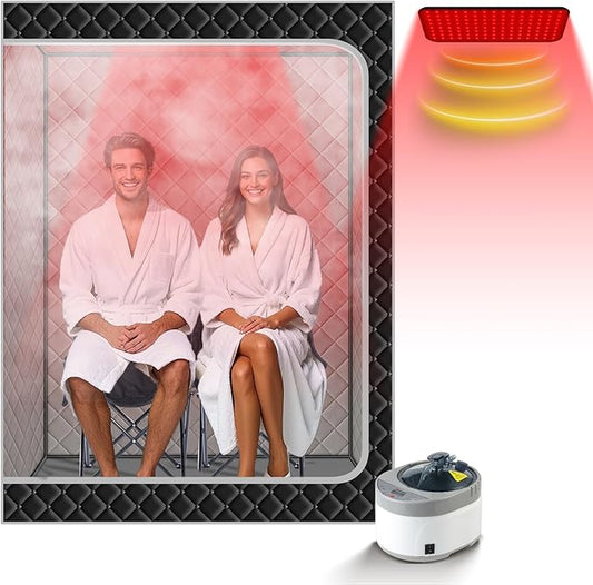 Smartmak 2 Person Portable Steam Infrared Sauna Box with 660nm Red Light Therapy Lamp for Home Relaxation, 4 L 1500W Steamer Extra Large Full Body Saunas Spa Tent, Remote Control, 2 Folding Chairs