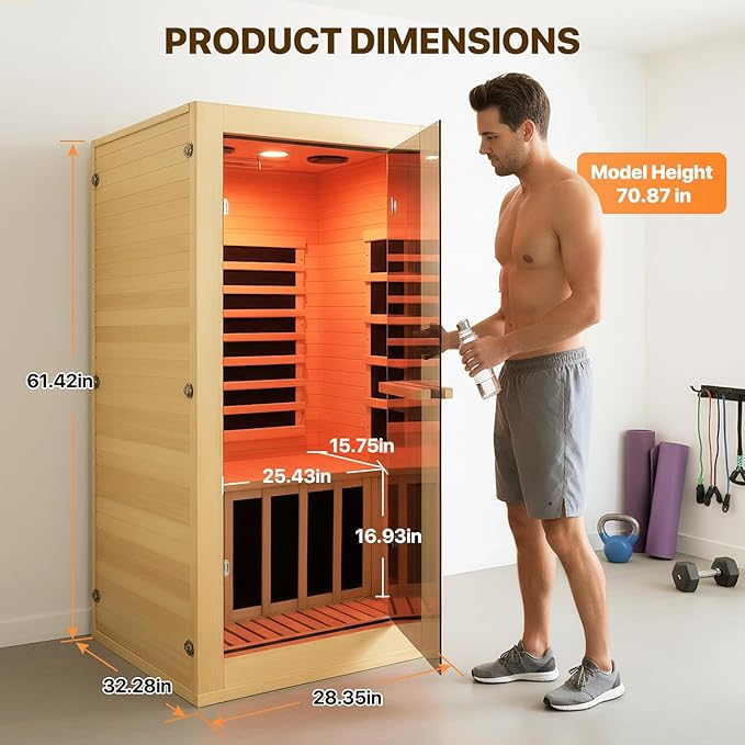 Infrared Sauna Room Indoor Saunas Home Obeche Wood 900W Low-EMF Dry Saunas Single Person Spa with 7 Color Light 32.3 * 28.3 * 61.4 inch