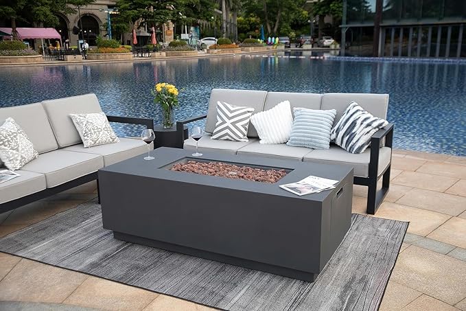 AMS Fireplace Sedona Fire Table Dark Gray Liquid Propane Gas Pit Table for Outside Patio Bundle with Wind Guard, and SS Burner Lid | Free Rubber Mat & Ice Bucket