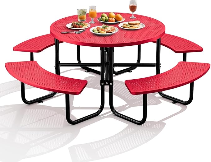 KUFUH 46" Coated Round Metal Picnic Table for 4-8 Person, Durable Heavy Duty Commercial Picnic Table with Umbrella Hole for Outdoor Coffee Shop, School, Easy to Install, Red