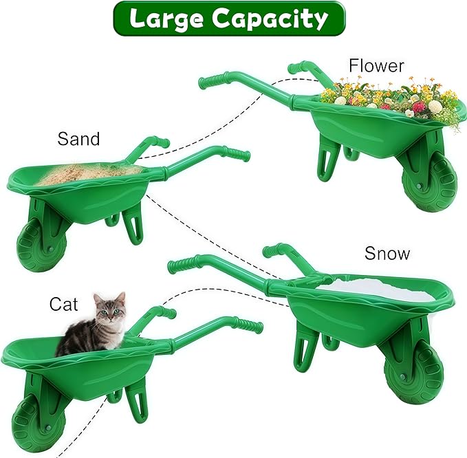 Duckura Kids Wheelbarrow Set - Gardening Tools for Kids with Shovel, Rake, Trowel, Outdoor Yard Lawn Digging Weed Toys, Valentine's Birthday Gifts for Boys Girls Age 2 3+Years Old(Green B)