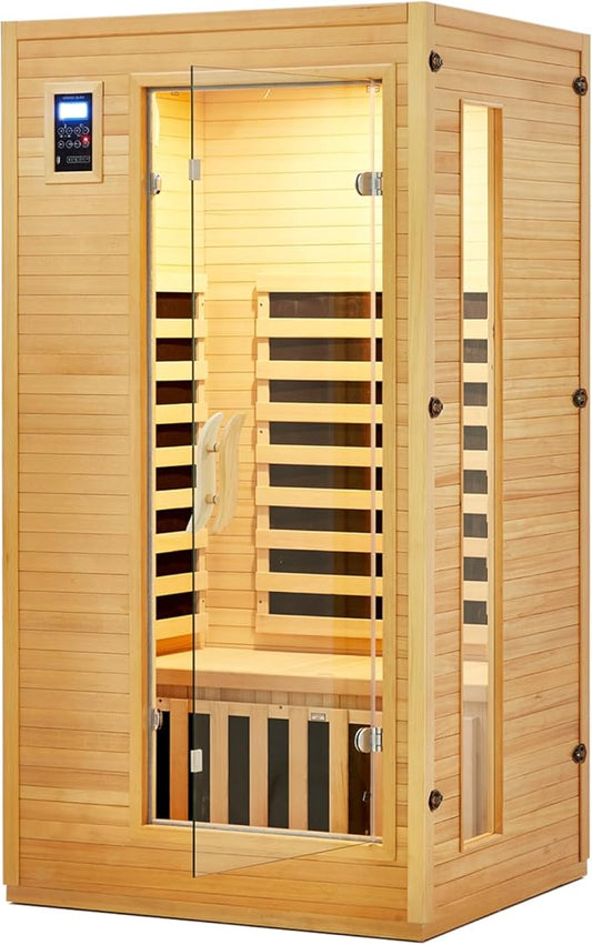 2024 Upgrade 1 to 2 Person Infrared Sauna, Low EMF Infrared Sauna for Home, Indoor Sauna Room, Hemlock Wooden Far Infrared Sauna, Dry Sauna with Bluetooth Speakers, LED Reading and Chromotherapy Lamp