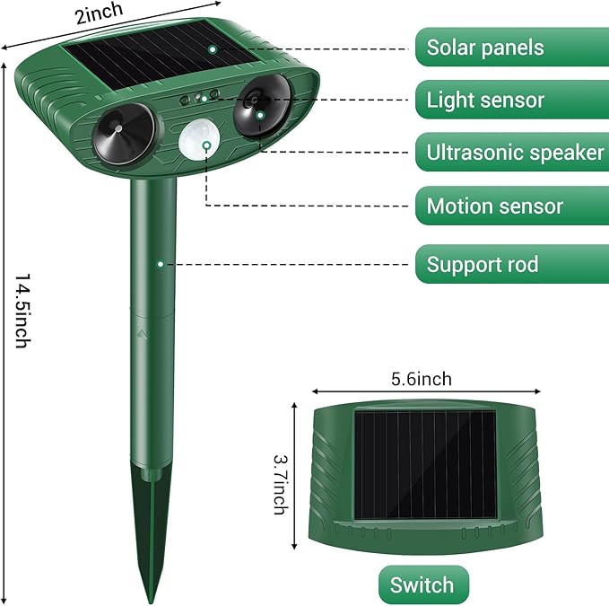 Stray Cat Deterrent Outdoor Solar Powered - Motion Activated Animal Repeller Ultrasonic, Humane Pest Control for Gardens, Yards to Repel Deer,Raccoons,Squirrels,Skunks,Birds,Rabbits