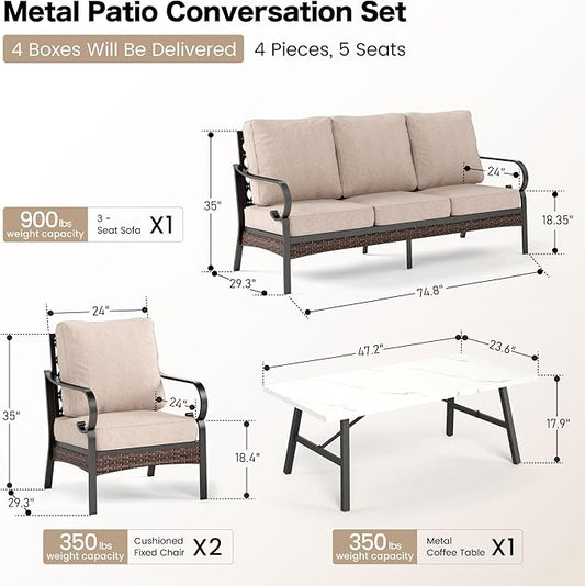 4 Piece Metal Outdoor Patio Furniture Set, Patio Conversation Sets 1 3-Seater Sofa, 2 Chairs with 5.75" Extra Thick Cushion and Coffee Table, Black Frame Backyard Furniture, Beige