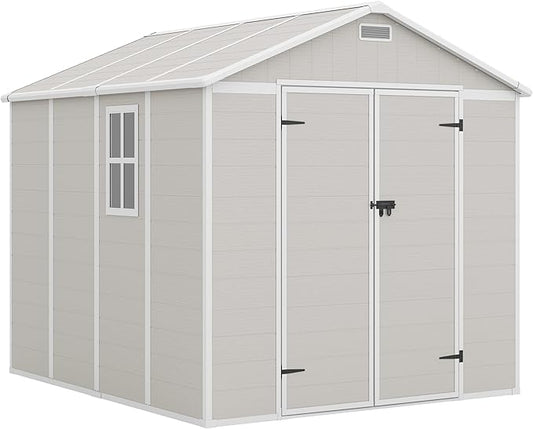 Amopatio 8x8 Storage Shed, Resin Outdoor Shed with Floor Included, Plastic Sheds Outdoor Storage for Bike, Garden Tools, Sheds & Outdoor Storage with Lockable Door, Window & Vents, Sandstone