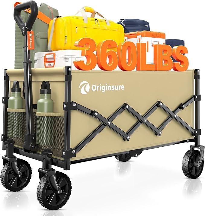 Collapsible Wagon Cart Foldable - Lightweight Portable Heavy Duty Folding Beach Wagons with Wheels - Outdoor Utility Carts for Grocery, Camping, Shopping, Sports with Large Capacity - Khaki