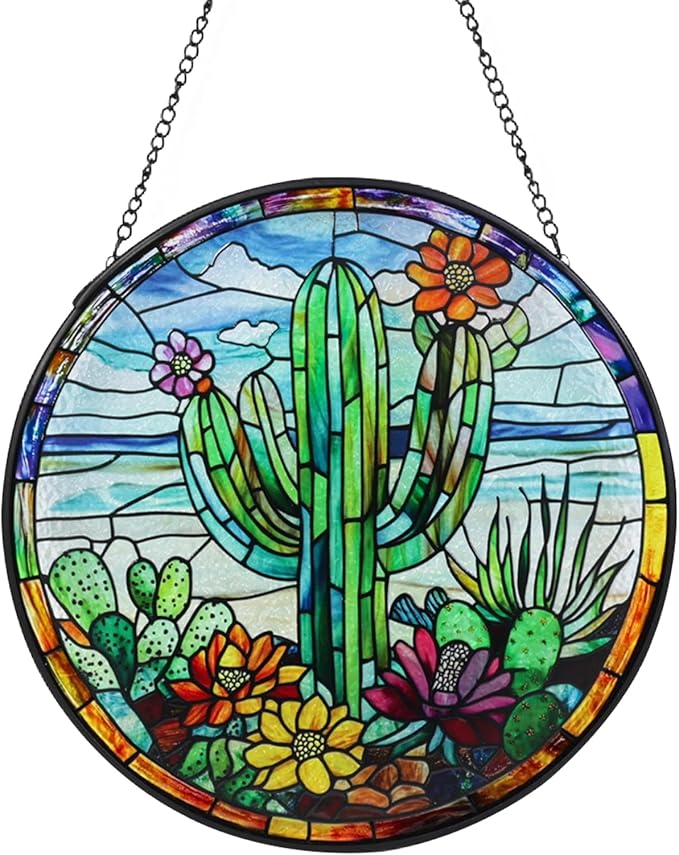 Wkyqes Cactus Handmade Stained Glass Window Hanging Suncatcher with Chain - 7.9" Arizona Outdoor/Indoor Art Decor for Home Garden, Wedding, Mother's, Valentine's & Christmas Ornaments Present