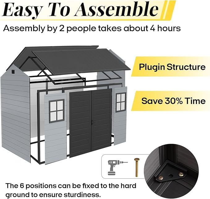 8x4ft Resin Outdoor Storage Shed with Floor and 2 Windows, Plastic Sheds & Outdoor Storage Clearance for Patio Furniture, GardenTools, Lawn Mower and Bike Accessories, Black+Grey