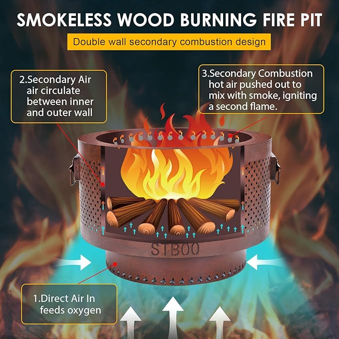 STBoo Smokeless Fire Pit - 20Inch Large Firepits for Outside with Portable Carrying Storage Bag - Low Smoke Outdoor Fireplace for Camping, Picnic, Bonfire Backyard, BBQ on Beach, Rust, L