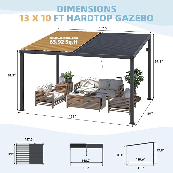 AECOJOY 13' x 10' Louvered Gazebo Pergola, 10x13 Outdoor Hardtop Wall-Mounted Lean to Gazebo with Adjustable Metal Rainproof Patio Roof, Pergolas and Gazebos Clearance, Heavy Duty Awnings for Patio