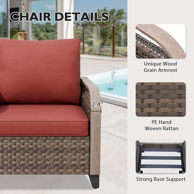 EAGLE PEAK Modern Wicker Outdoor Patio Furniture Set, Patio Conversation Set, 2 Chairs, 3-Seat Loveseat and 2 Ottomans, 5 Pieces, Brown/Red