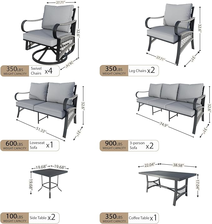 12-Piece Patio Conversation Sets, All Weather Metal Outdoor Furniture Set Includes 2 Three-Seater 4 Swivel Rockers with 2 Side Tables 1 Loveseat with Coffee Table 2 Single Chairs for Deck Porch, Gray