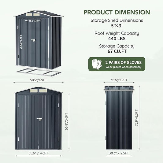 5x3 FT Outdoor Metal Storage Shed with Floor Frame, Double Door, 1 Clear Window, Tool Shed for Garden, Patio, Backyard