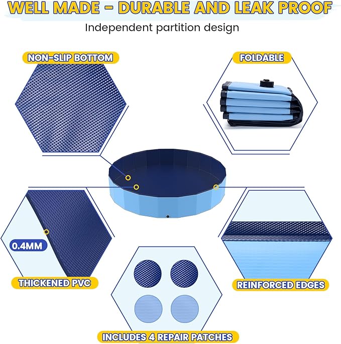 97" Foldable Dog Pool Kiddie Swimming Pool, Plastic Non-Slip Hard Shell Kids Wading Pool, Large Portable Collapsible Pet Puppy Bathing Tub, Heavy Duty - Family Size, 8 ft x 16 inch.D - 5XL