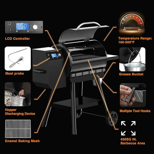LCD Control Wood Pellet Smoker Grill, 456 SQ. IN Cook Area, Pellet Grill with Auto Feed & Leaking Waste, 500°F Max Temperature, 8 in 1 BBQ Grill with Meat Probe, Side Table with Hooks(Black)