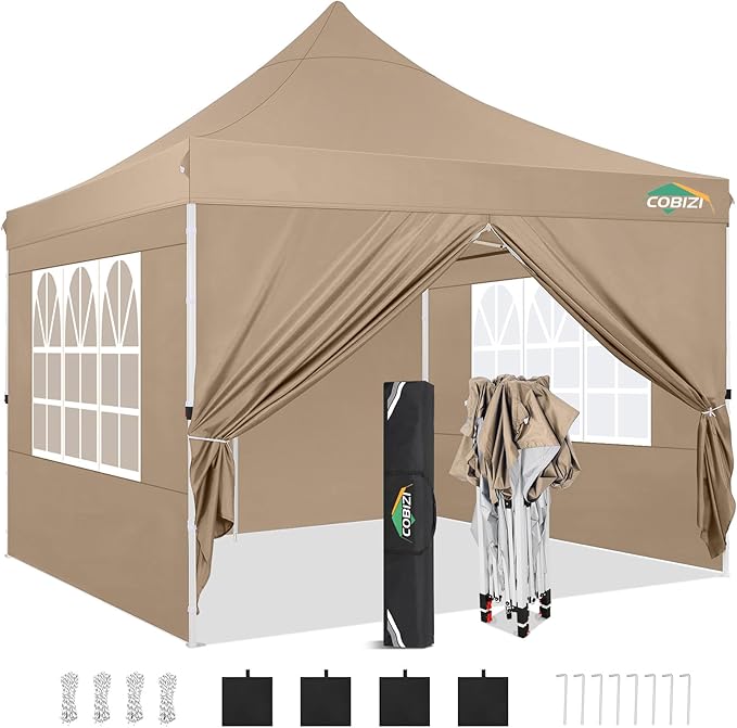 COBIZI 10x10 Pop Up Canopy with 4 Sidewalls, Pop up Tent 10x10 for Parties, Backyard, Commercial, Waterproof and Portable Instant Shelter UV50+ Ez Outdoor Canopy Gazebo with 4 Sandbags