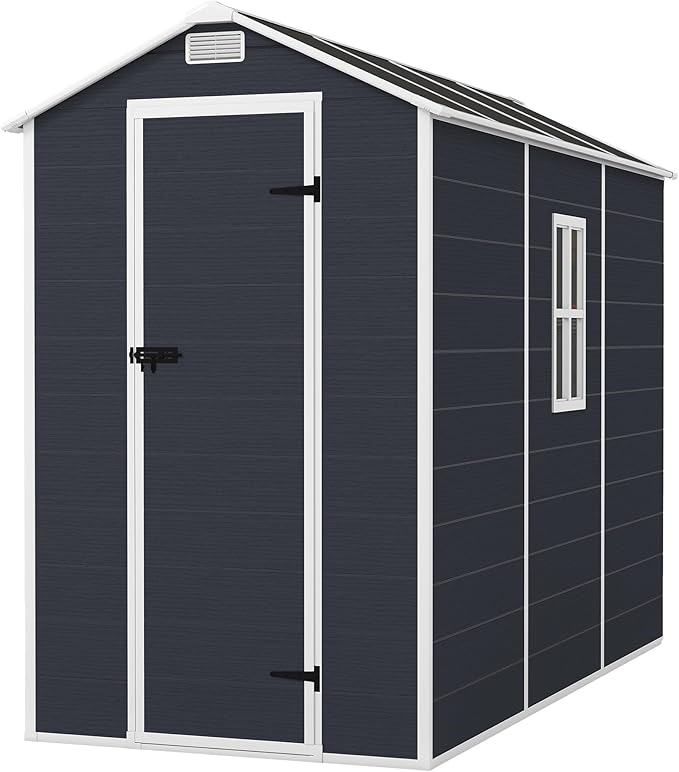Resin Storage Shed 8x4ft, Outdoor Storage Sheds with Floor, Window, Lockable Doors and Vents, 12mm Thick pp Board, Tool Shed for Bike, Garden, Backyard, Lawn (Dark Gray, 4 * 8ft)