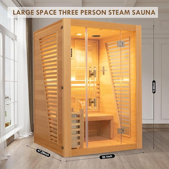 Smartmak Wood Home Steam Sauna, WiFi Control 3 Person Canadian Hemlock Traditional Luxurious Wooden Indoor Spa Room, with 4.5 kw Heater, Speaker, Rocks, Water Bucket, Spoon, Sky Lights