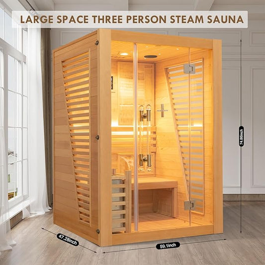 Smartmak Wood Home Steam Sauna, WiFi Control 3 Person Canadian Hemlock Traditional Luxurious Wooden Indoor Spa Room, with 4.5 kw Heater, Speaker, Rocks, Water Bucket, Spoon, Sky Lights
