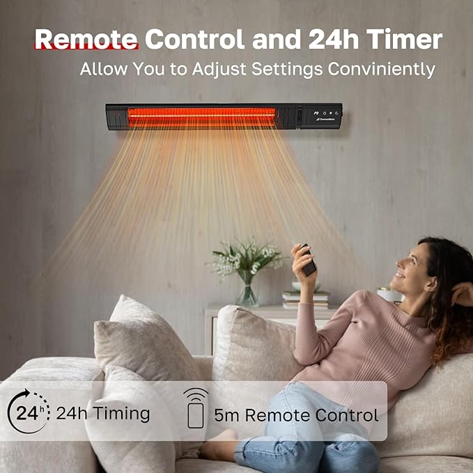 ThermoMate Infared Patio Heater for Outdoor, Electric 1500W IP65 Waterproof with Remote, 9 Heating Levels & 24H Timer for Restaurant Backyard, Plug-in 120V Black