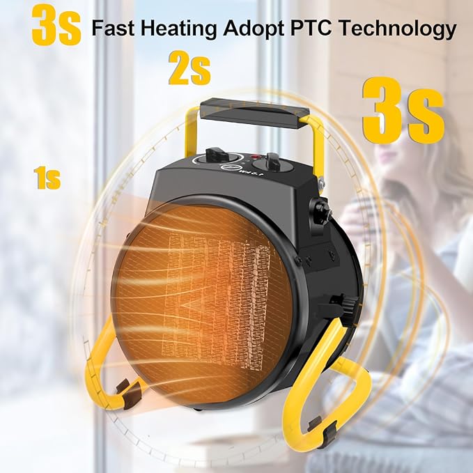 1500W Portable Garage Heater, Electric Outdoor Heater with Fast Heating & Overheat Protection, Patio and Greenhouse Space Heater for Indoor or Outdoor Use（Yellow）