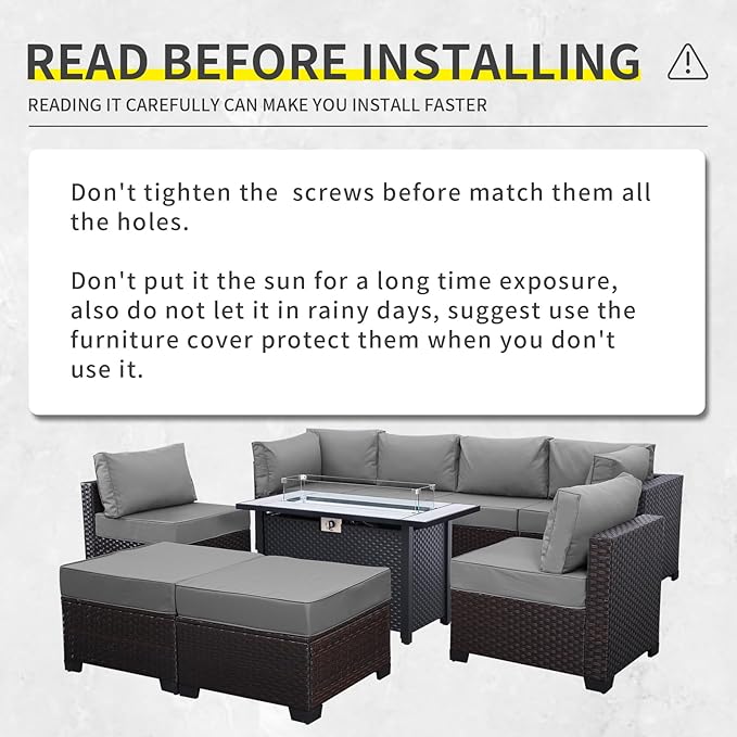 9 Pieces Wicker Patio Furniture Set Outdoor PE Rattan Sectional Conversation Sofa Set with Grey Cushions and 45” Gas fire Pit Table
