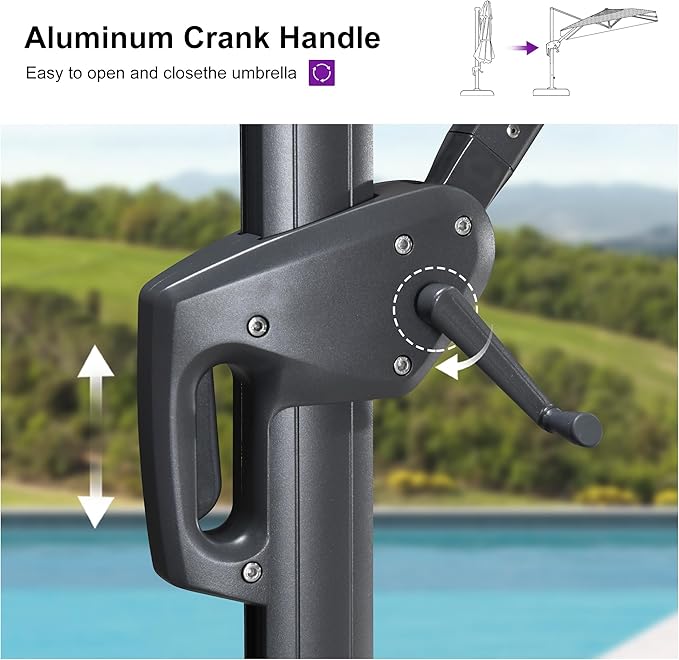 PURPLE LEAF 10' X 6.5' Swivel Outdoor Patio Aluminum Umbrella with Base Left-right Tilting Cantilever Offset Umbrella with UV Resistant Heavy Duty Fabric for Deck Pool Patio Backyard, Ash Mocha