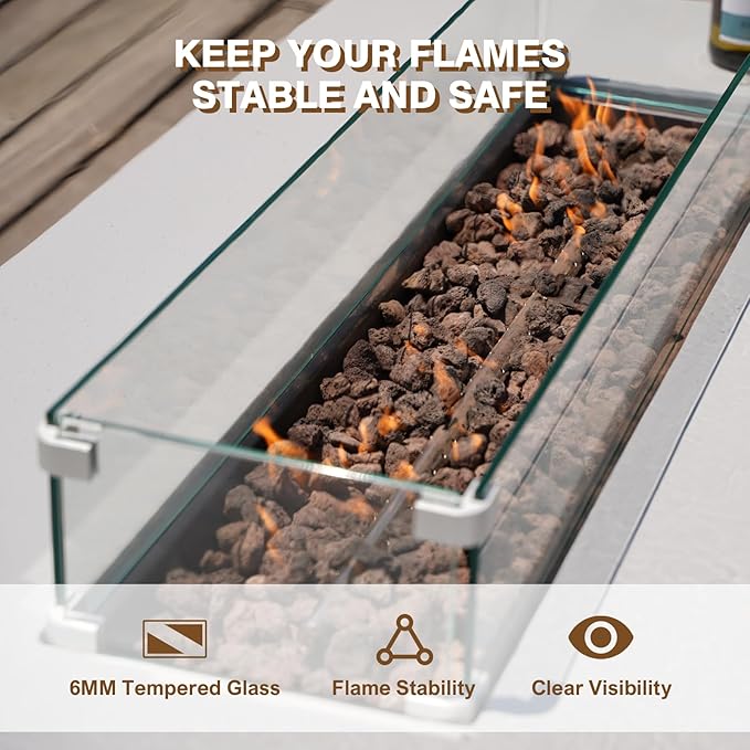 3-Piece Outdoor Propane Fire Pit Table Set – Premium Marble-Like MgO Finish, 56-Inch Gas Fire Table with Tank Table & Glass Wind Guard for Patio, Garden & Backyard, Includes Rain Cover & Lava Rocks