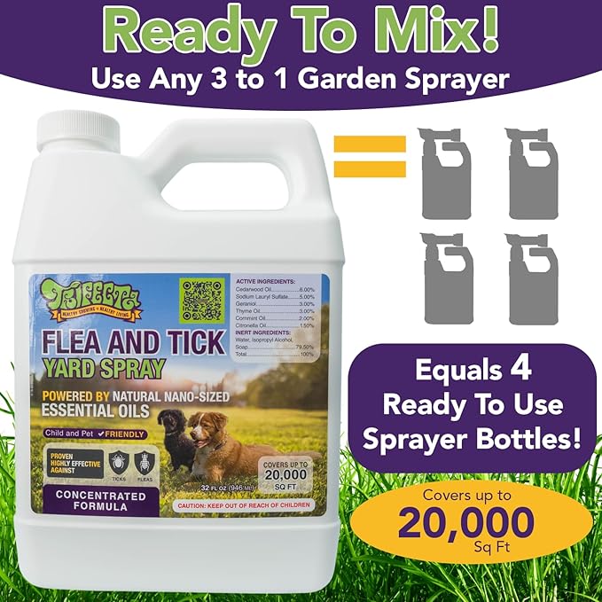Trifecta Outdoor Flea & Tick Yard Spray Concentrate | All Natural Flea and Tick Spray for Yards with Essential Oils | Pet and Family Safe | Concentrated Formula For Hose-End Sprayers and Pumps (32 oz)