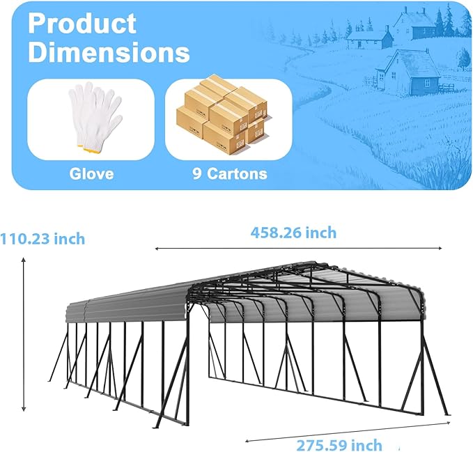 20x40FT Heavy Duty Metal Carport - Reinforced Galvanized Carport Canopy for All-Weather Shelter, Enhanced Wind Resistance for Boats, Cars, Trucks and Tractors