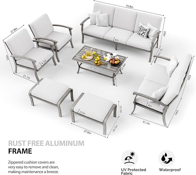 HAPPATIO 7 Piece Aluminum Patio Furniture Set, 3-Seat Outdoor Loveseat, Outdoor Sectional Sofa with Ottomans and Coffee Table, Garden Conversation Set with Armchairs for Lawn Deck (Gray)