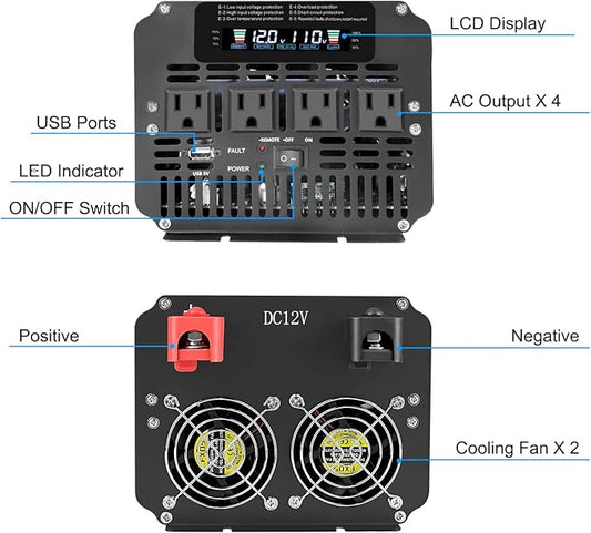 LVYUAN 4000 Watt Power Inverter 12V to 110V 120V for Vehicle, Solar Inverter System, Heavy Duty, RV, Truck, Off Grid,Camping with 4 AC Outlets, LCD Display, Wireless Remote Control, Car Power Inverter