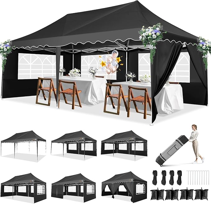 HOTEEL 10x20 Pop Up Canopy with 6 Sidewalls, Easy Setup Party Tent with Wheeled Bag, 4 Weight Bags, Silver Coated Event Shelter for Backyard, Vendor Booths, Black