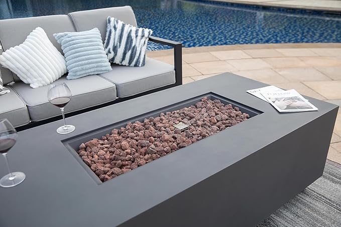 AMS Fireplace Sedona Fire Table Dark Gray Liquid Propane Gas Pit Table for Outside Patio Bundle with Wind Guard, and SS Burner Lid | Free Rubber Mat & Ice Bucket