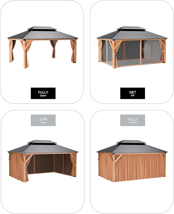 GarveeLife Hardtop Wood Gazebo 12 ft x16 ft for All Weather, with Double Metal Roof, Heavy Duty Wooden Frame, Net, and Curtain, Permanent Building for Patio, Deck, Backyard, Lawn, and Garden, Khaki