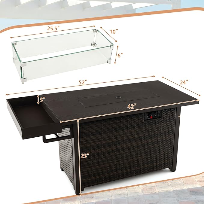 Giantex 52" Outdoor Propane Fire Pit - 50,000 BTU Wicker Patio Gas Fire Table w/Lid, Waterproof Cover, Tempered Glass Wind Guard & Blue Fire Stone, PE Rattan Firepit Table w/Storage Shelf (Brown)