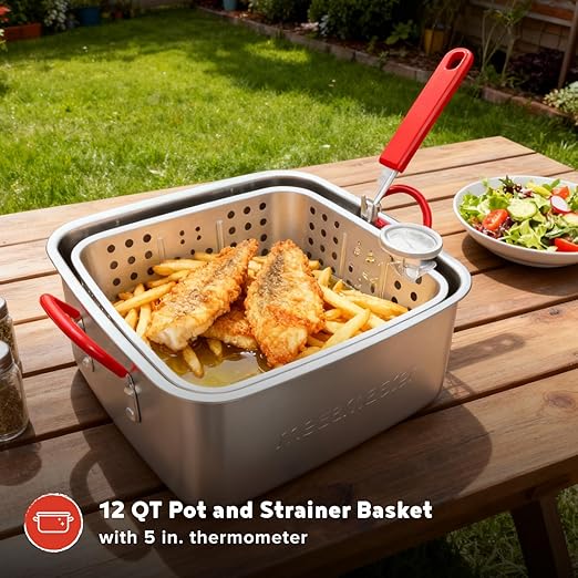 Megamaster 12QT Outdoor Propane Deep Fryer Pot Kit with Basket, 54,000 BTU Gas Aluminum Fish Fryer Kit, 0-10 PSI Regulator, 5" Thermometer, For Chicken Wings, Seafood, French Fries - 840-45009