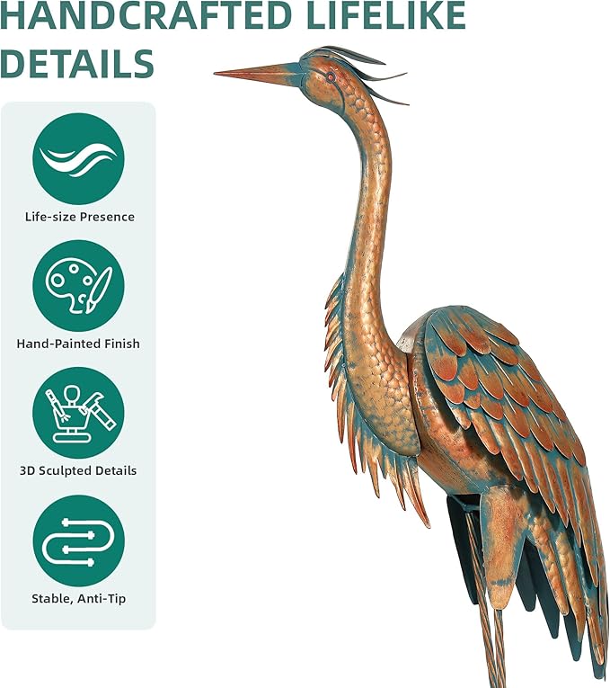 Ultym 44.8" Tall Extra Large Metal Crane Decor, Handcrafted Distressed Bronze Heron Sculpture with 4-Piece Secure Ground Stakes, Vintage Charm Outdoor Garden Statue Yard Art for Patio & Backyard Decor