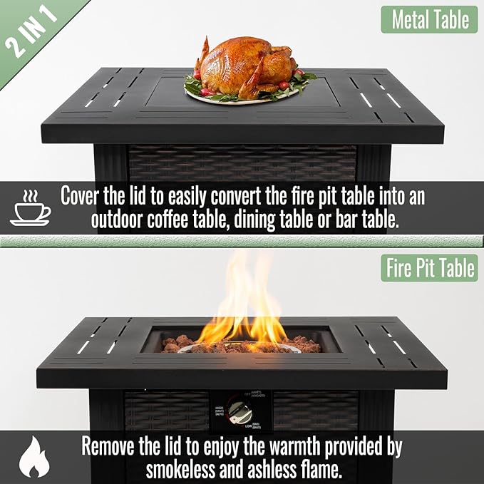 Propane Fire Pit Table, 28 Inch Steel Firepits for Outside, Square Gas Fire Pit for Outside Patio, Propane Fire Table for Patio, Backyard, Pool, 50,000 BTU, Tank Inside, Black