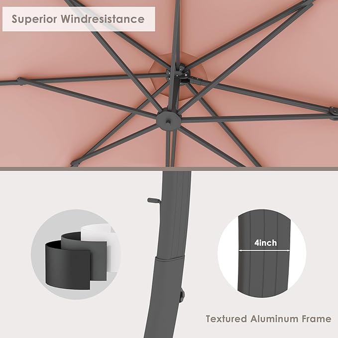 ENSTVER 11FT Cantilever Patio Umbrella With Base Included, Round Large Aluminum Outdoor Cantilever, Heavy Duty Offset Umbrella with 360°Rotation for Pool, Deck, Backyard, Garden(Pink)
