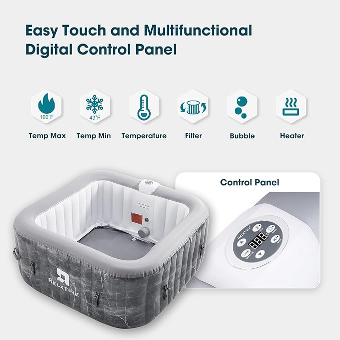 Inflatable Hot Tub 2-3 Person, Portable Blow Up Hottub with Cover, Built in Heater Pump 110 Air Jets, Square Outdoor Spa, Cup Holder, 2 Filters, Grey