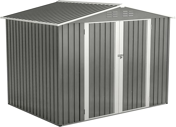 8 x 6 FT Outdoor Storage Shed with Floor Frame,Utility Metal Tool Storage with Lockable Doors,Air Vents & Waterproof Roof, Large Garden Shed for Backyard, Patio Lawn,Gray