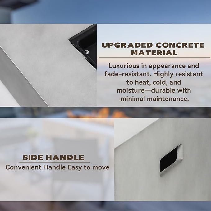 2-Piece 54" Outdoor Propane Fire Pit Table Set, 50,000 BTU Rectangle Concrete Gas Fire Pit Coffee Table W Glass Wind Guard, Lava Rocks, Waterproof Cover for Patio, Backyard, Garden, Porch, Deck