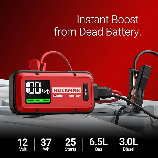 Hulkman Alpha,Ultra Red,1000A 37Wh Jump Starter, Lightweight, Stylish,12V Jump Box with Jumper Cables,45-Min Full Recharge,24-Month Standby,3-Step Easy Start,IP65,LED Display,for 6.5L Gas/3.0L Diesel