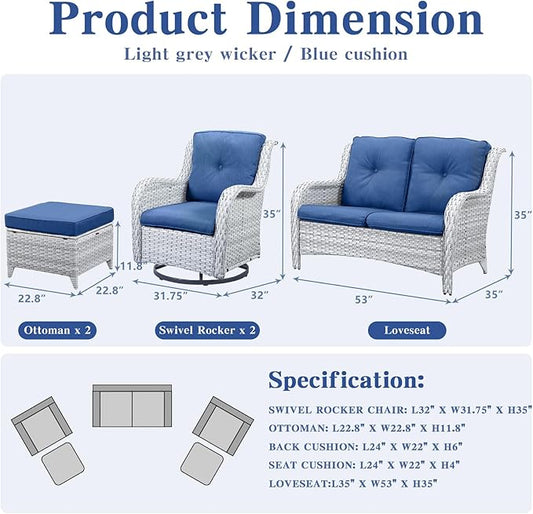 Belord 5 Piece Outdoor Patio Furniture Set - Patio Wicker Furniture Conversation Set, Outdoor Swivel Rocker Chairs with Loveseat Sofa and 2 Ottomans for Small Space, Blue Cushion