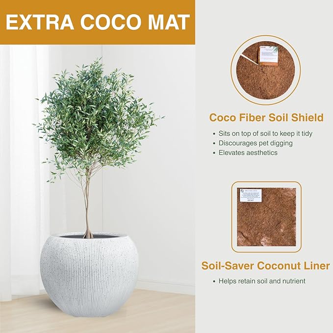 9.7"H x 12"D Globo Fiberstone Round Planter, Christmas Tree Planter, Weather Resistant, Ribbed Finish, Planters for Indoor Plants & Outdoor, Extra Coco Mats (Speckled White,7.8" Pot Opening)